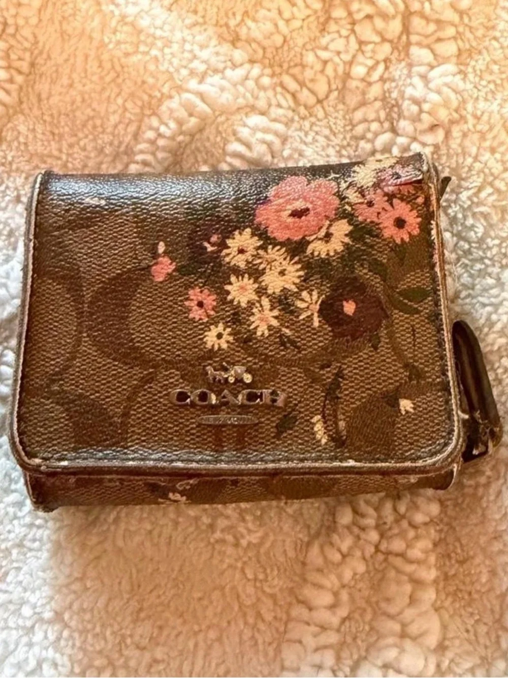 COACH Brown Floral Print Compact Wallet
